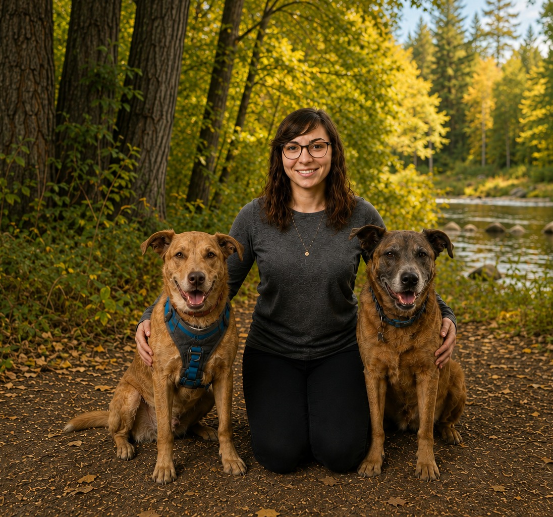 Carly kneeling between her two dogs, Miko and Mara, on a wooded riverbank
