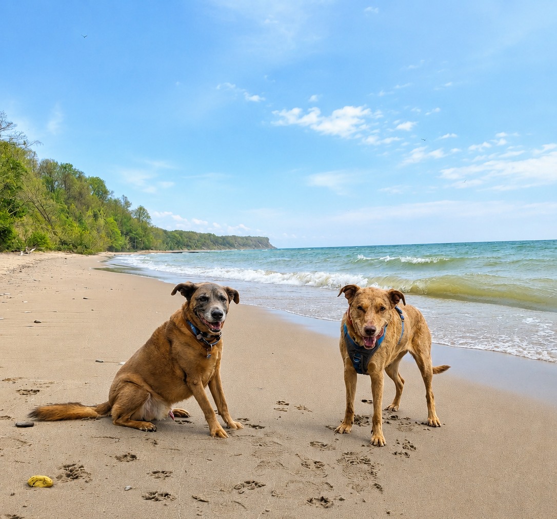 Miko and Mara together on a Lake Michigan beach