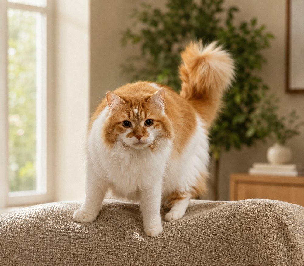 Tyson, Carly's orange and white cat, at home